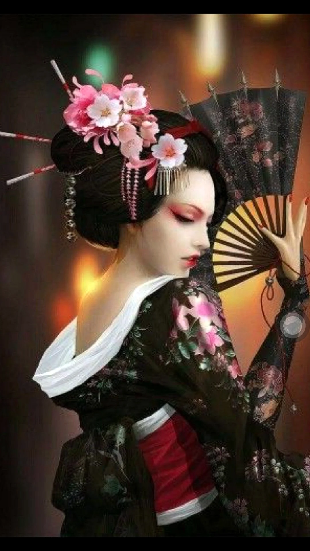 Японская гейша с веерами в кимоно