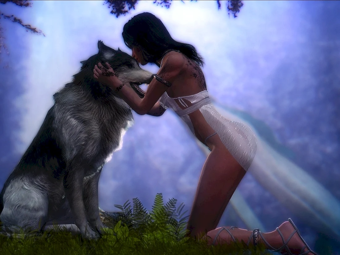 Обои девушка и волк