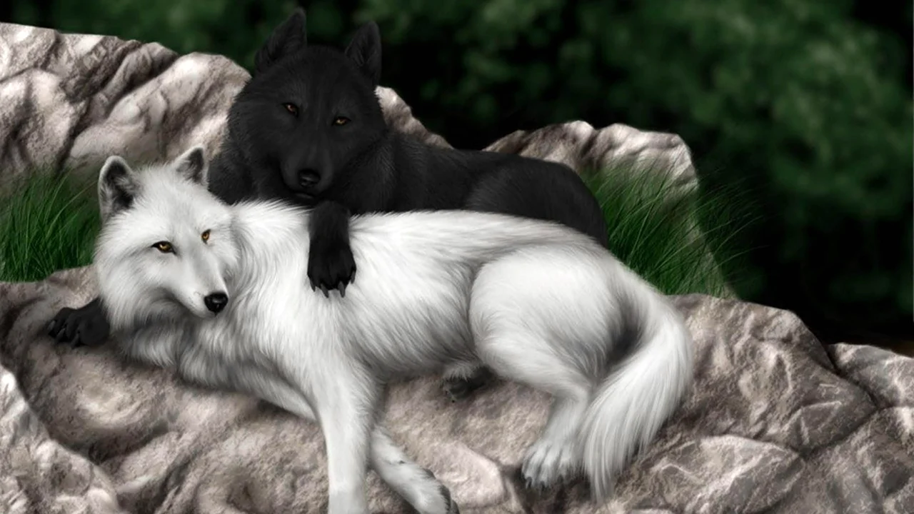 2 Волка и Волчонок красивое черно белое фото