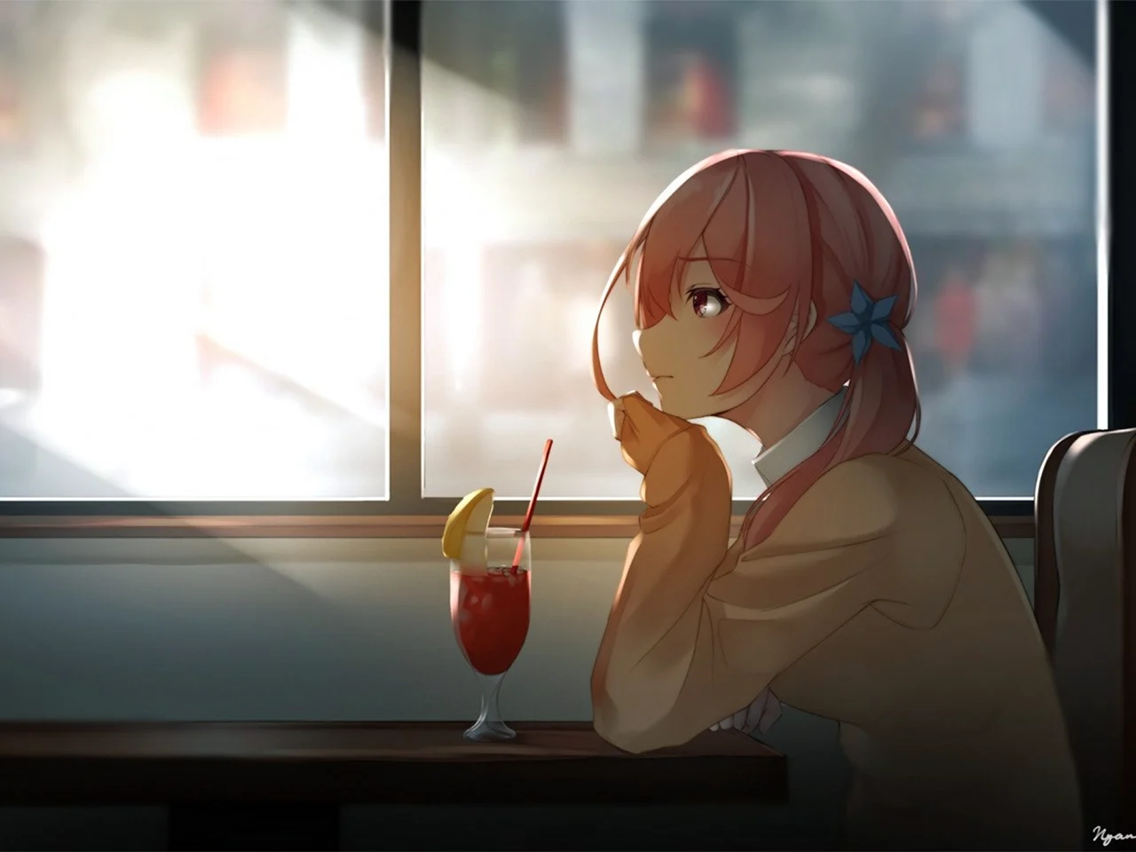 Аниме девушка в кафе