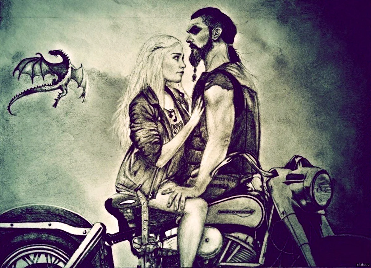 Байкер с девушкой на мотоцикле арт