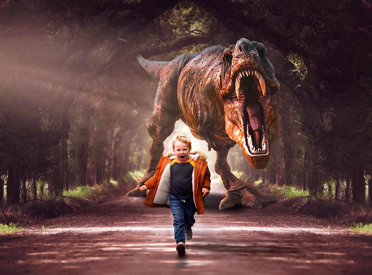 Человек убегает от динозавра