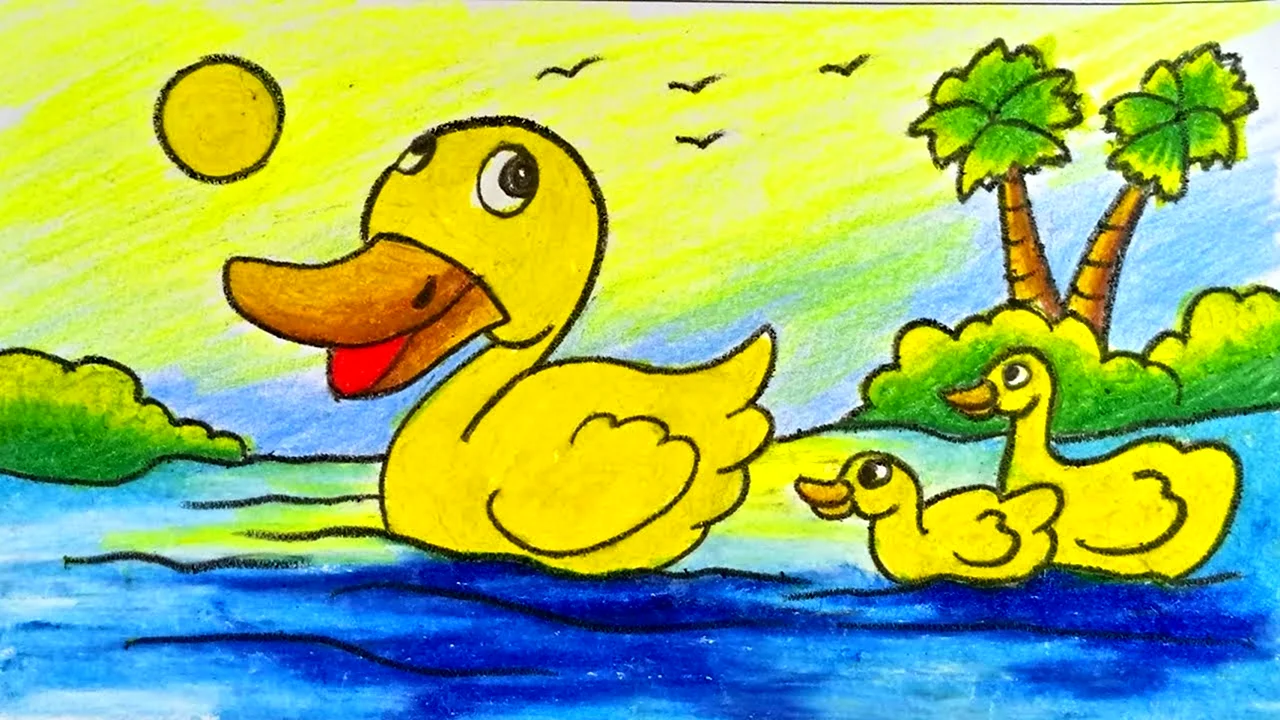 Детский рисунок утки и рыбы