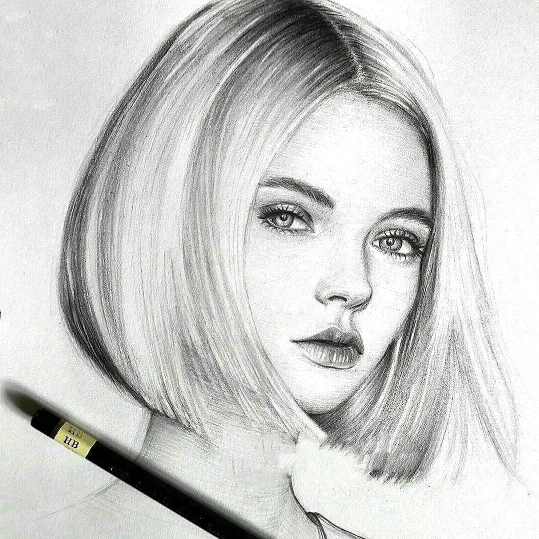 Рисунок девушки с длинными волосами и карандашом.