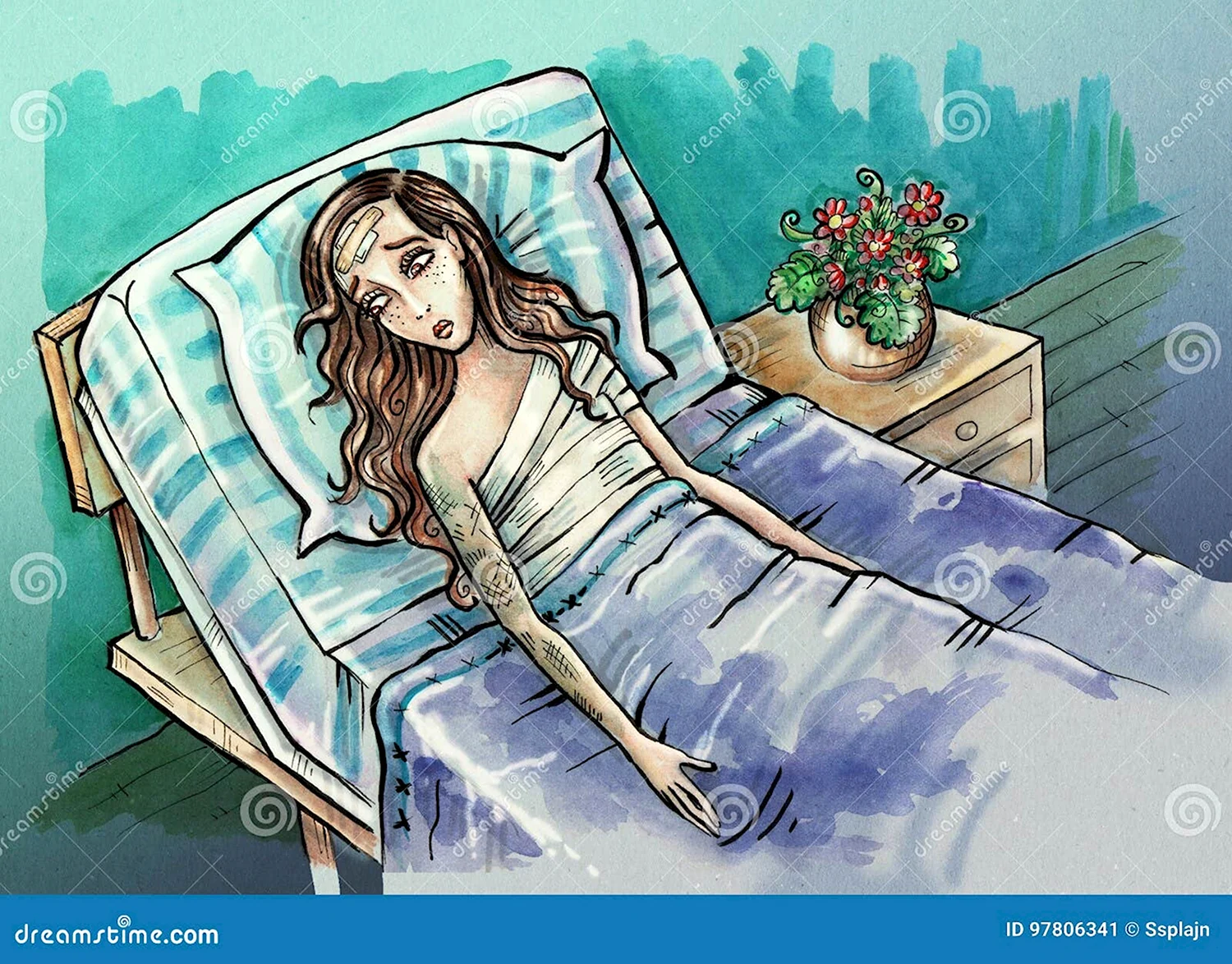Иллюстрация девушка в кровати