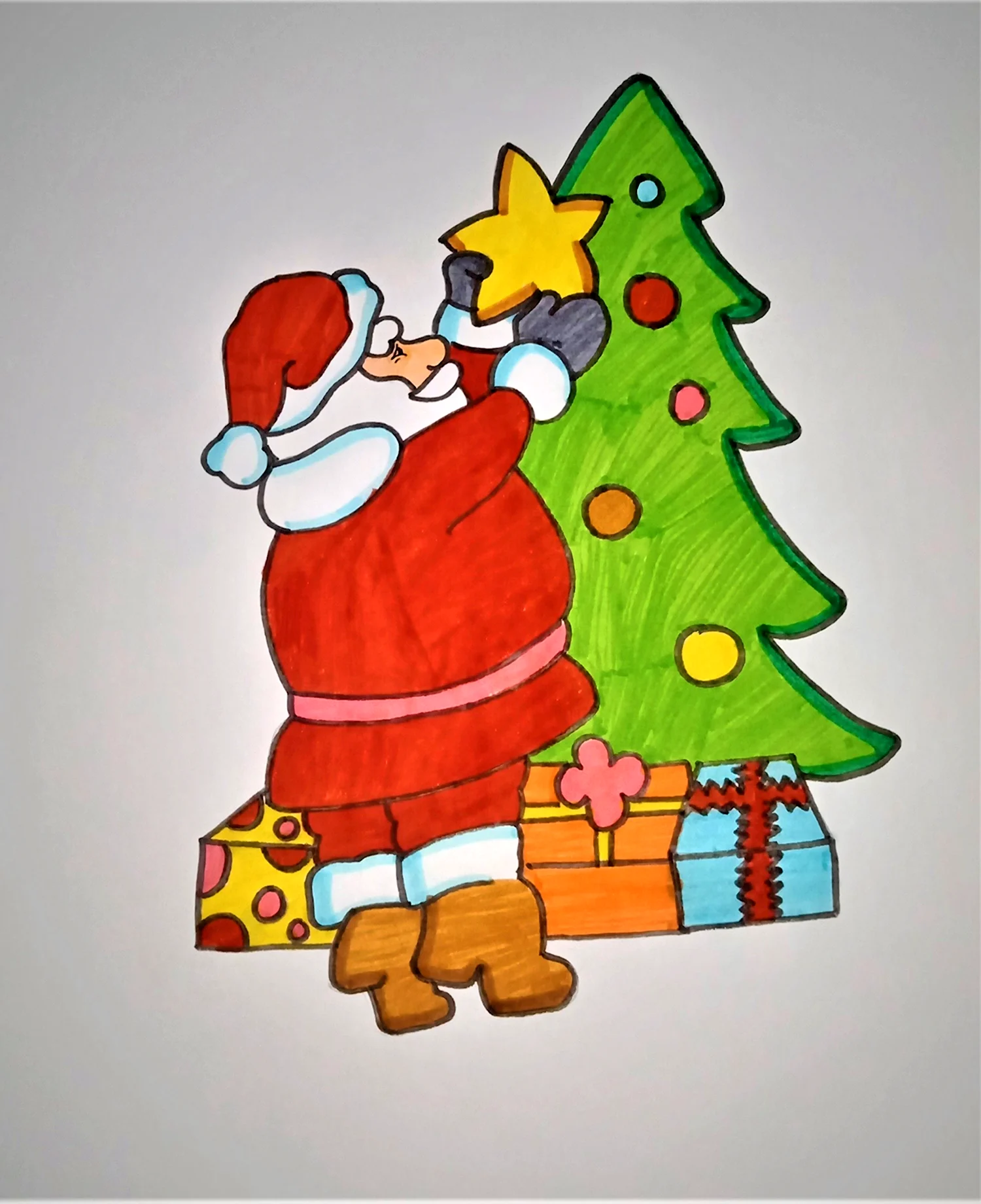 Новогодняя открытка с Дедом Морозом на санях с ёлкой