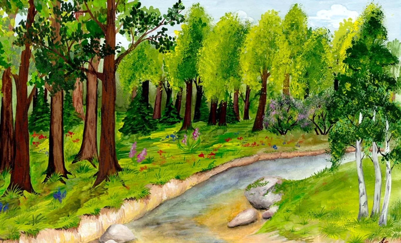 Рисунок природа в садике. Пейзаж рисунок. Лес рисунок. Лес картинка для детей. Нарисовать природу.