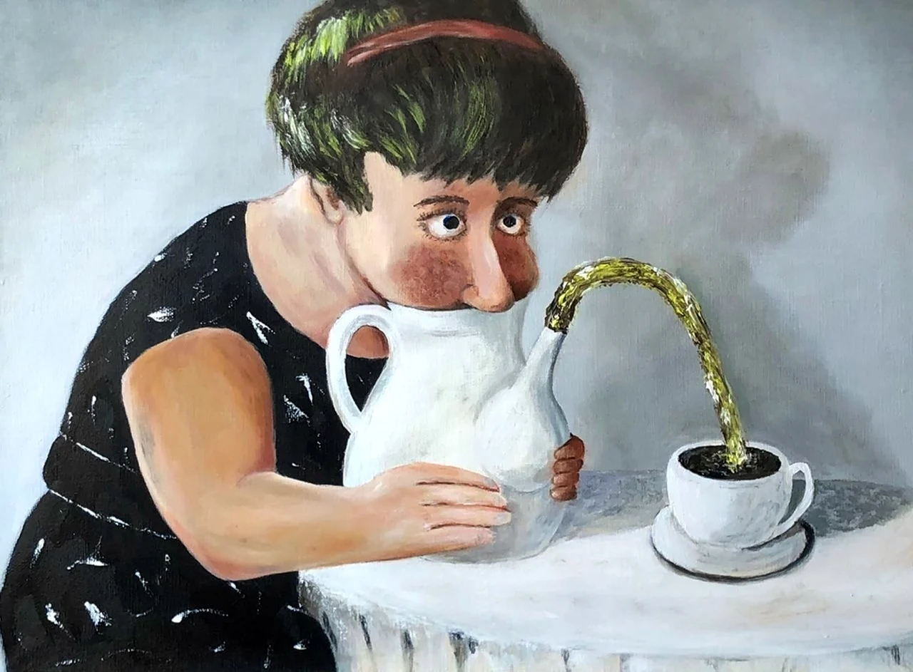 Скука прошла. Женщина с чайником. Смешной чайник. Картина сидела женщина скучала. Смешное чаепитие.
