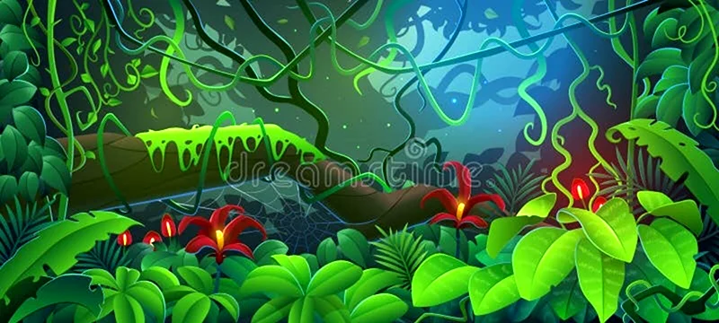 Листья и лианы джунглей на черном фоне рисунок