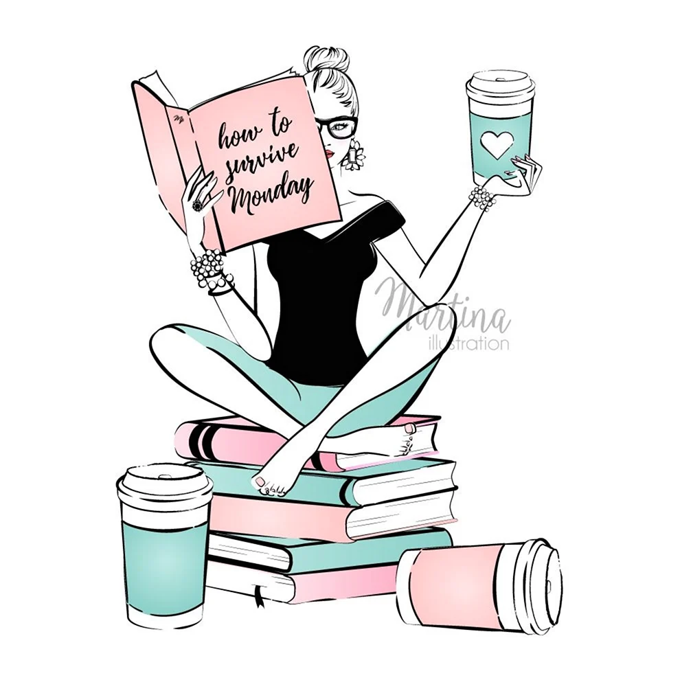 Нарисованная девушка с кофе книгой