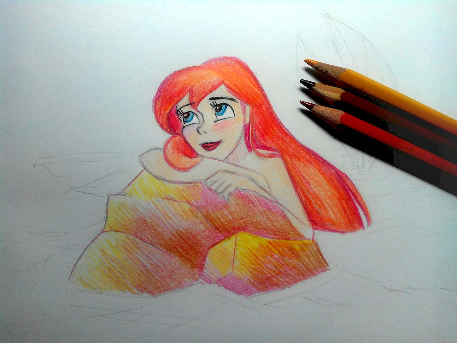 Рисуем русалку карандашами цветными