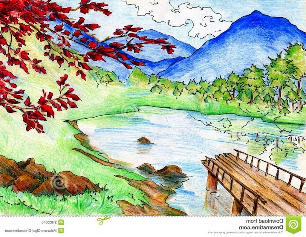 Рисунок горы и озеро карандашом цветным