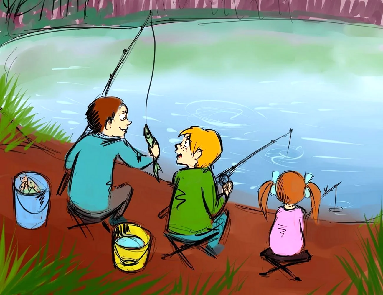 Лов удочкой. Рисунок на тему рыбалка. Дети на рыбалке иллюстрация. Рыбалка рисунок для детей. Детская картина на рыбалке.