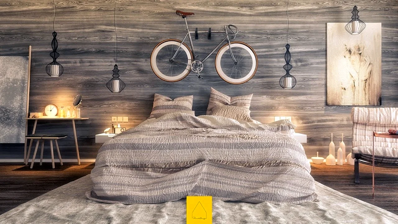 Спальня в стиле лофт с деревянной стеной