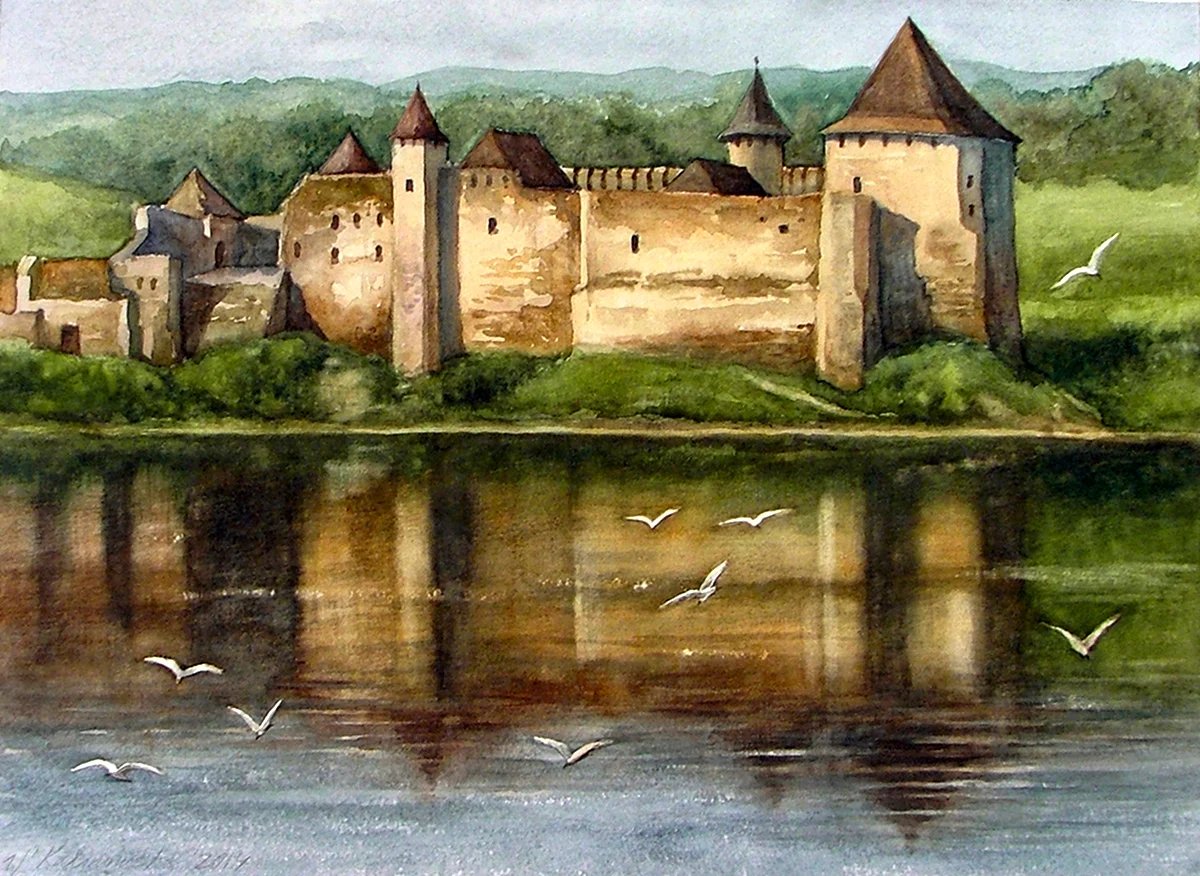 Средневековый замок акварель