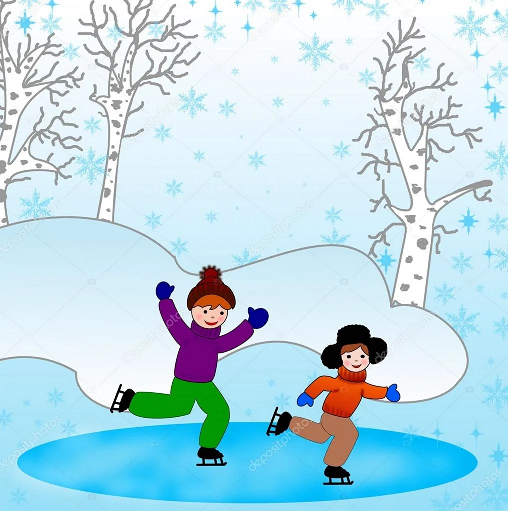 Зима дети катаются на коньках