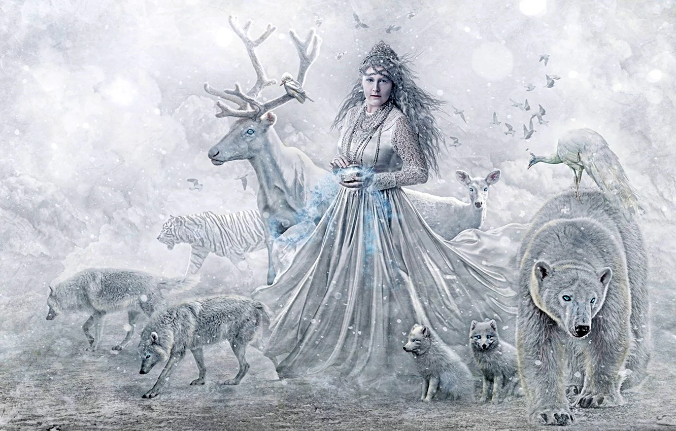 Зима девушка и животные фэнтези арт