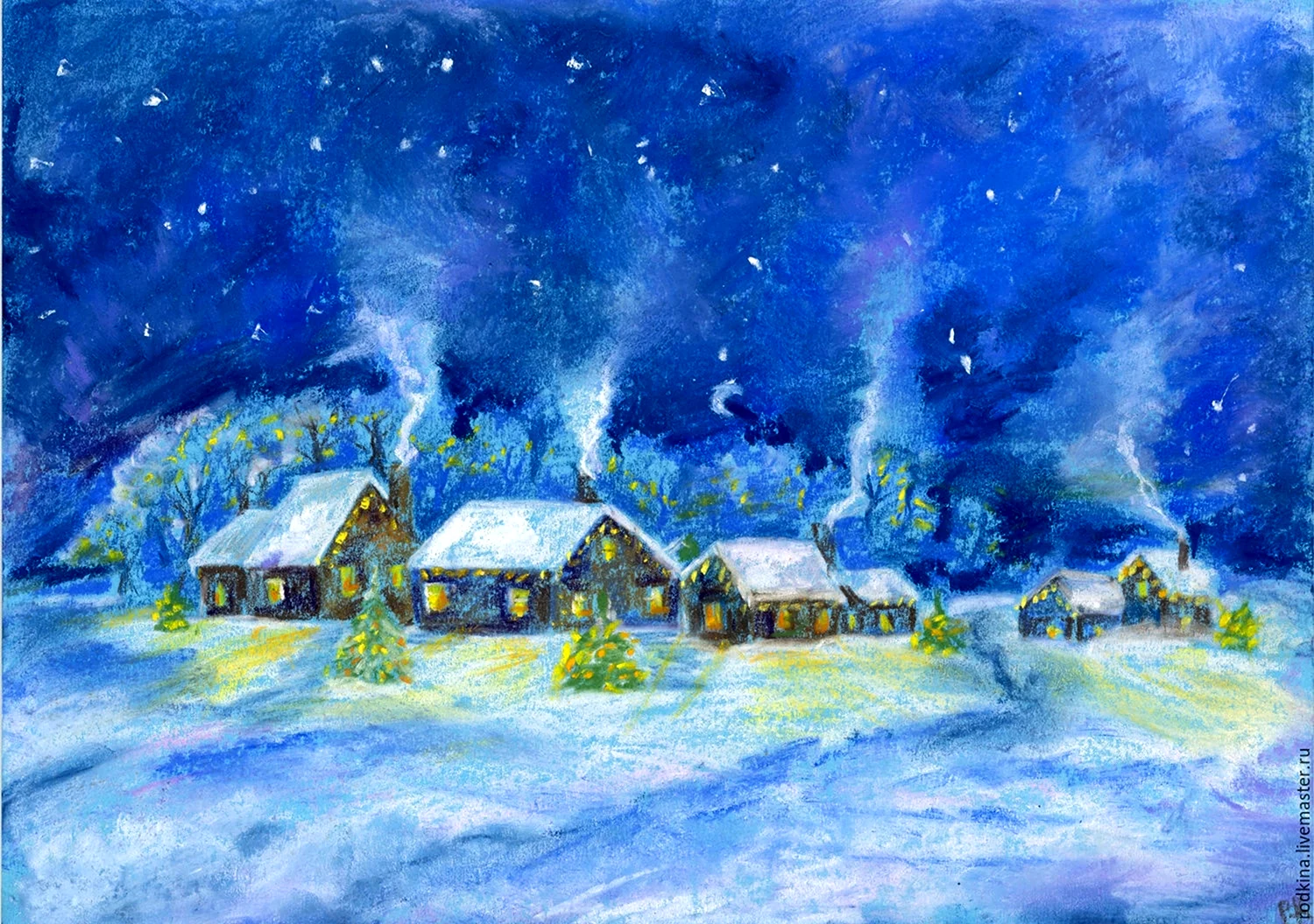 Зимняя ночь в деревне рисунок