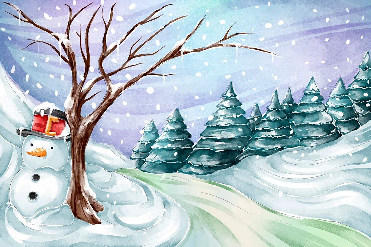 Зимний пейзаж со снеговиком